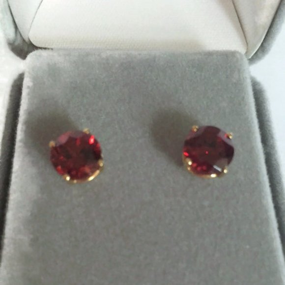 7mm Round Stud Garnet Earrings 14K Prong Set NEW - Picture 3 of 11